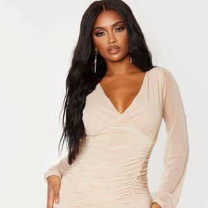 Shape Dark Nude Slinky Ruched Mesh Sleeve Bodycon